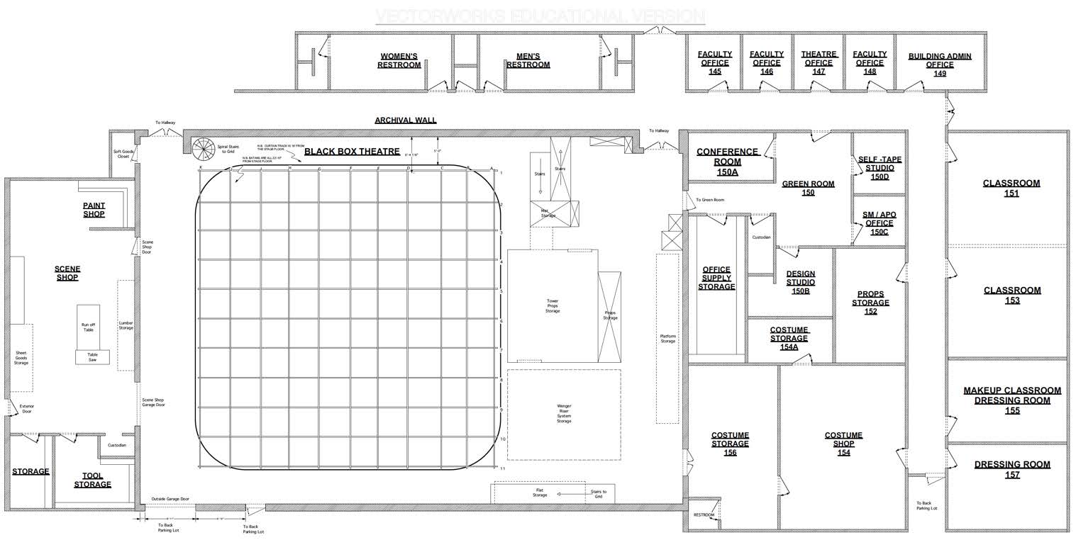 Layout of Theatre rooms. Rooms with numbers listed: Faculty Offices 145-148, Building Admin Office 149, Green Room 150, Conference Room 150A, Design Studio 150B, SM/APO Office 150C, Self-Tape Studio 150D, Classroom 151, Props Storage 152, Classroom 153, Costume Shop 154, Makeup Classroom Dressing Room 155, Costume Storage 156, Dressing Room 157. Rooms listed without numbers: Paint shop, scene shop, storage, tool storage, Black Box Theatre, archival wall, women's restroom, men's restroom, and office supply storage.